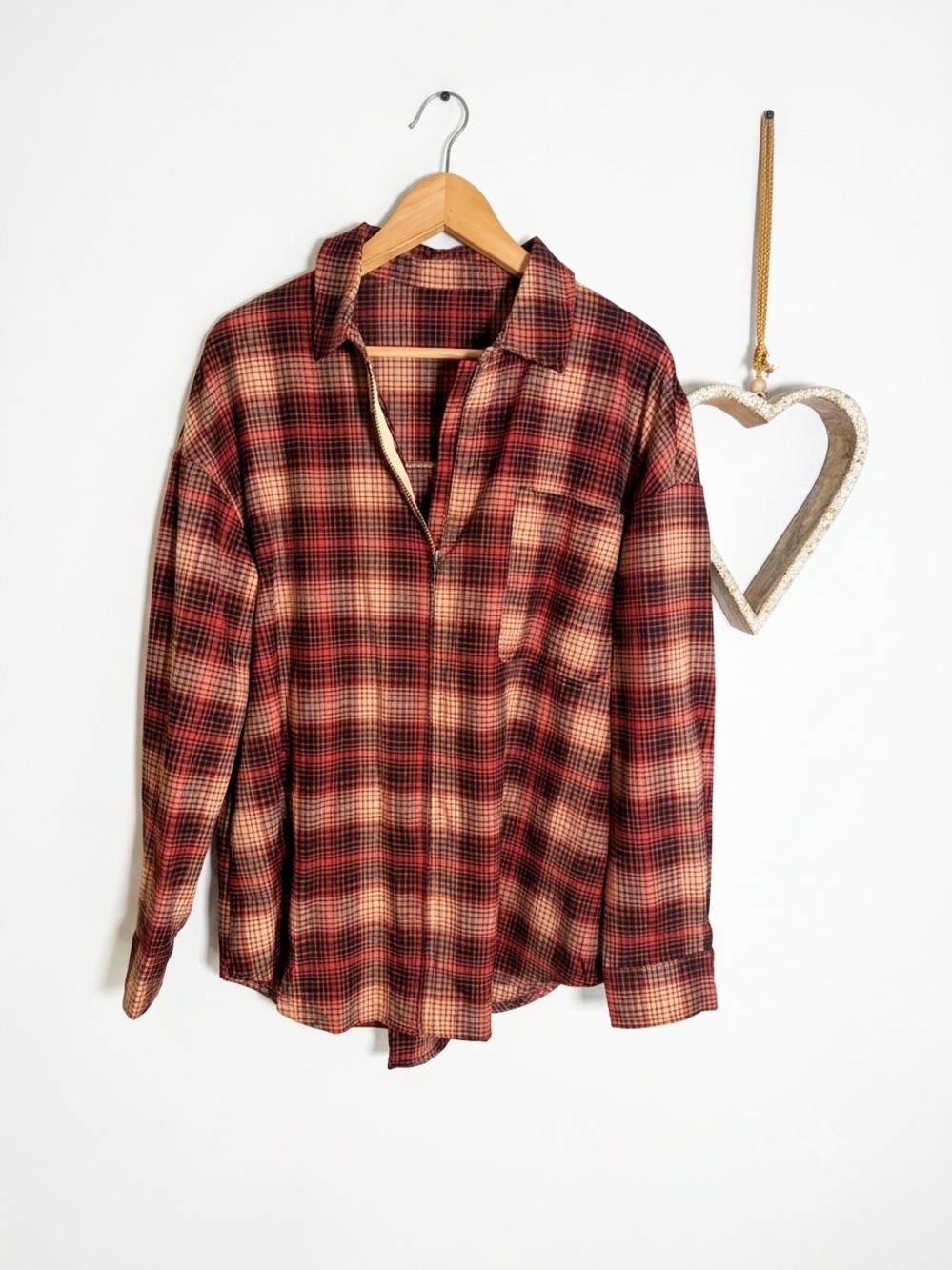 Full Zip Plaid Flannel Shirt Long Sleeve Red Brown Shacket Oversized Top Sz Larg - Picture 2 of 11